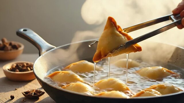 Crispy samosas sizzle in hot oil, a delicious Indian snack fresh from the fryer, perfect for food blogs, cooking demos, and culinary adventures, inviting viewers to savor the taste