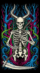 Horned Skeleton Grim Reaper with Scythe in Colorful Forest Illustration.