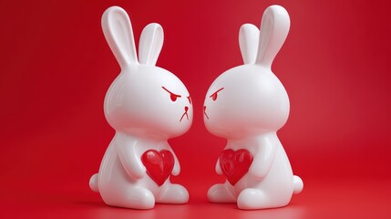 Two Unique Rabbits with Red Hearts, Expressing Discontent in an Abstract Landscape Perfect for Brand Storytelling and Emotional Campaigns.
