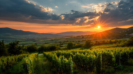 Golden hour sunbeams illuminate lush vineyard rows stretching across rolling hills toward distant mountains at sunset