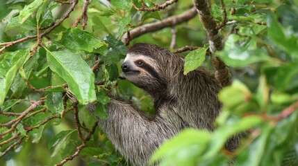 Fototapeta premium Majestic ThreeToed Sloth Hanging Peacefully Amongst Lush Costa Rican Trees Perfect for RelaxationFocused Projects.