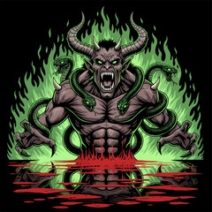 Muscular Horned Demon with Glowing Eyes and Venomous Snakes in Green Flames.