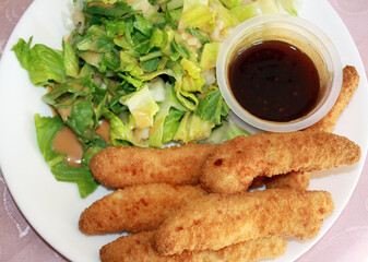 Crispy oven baked breaded chicken strips with a honey garlic dipping sauce.   Also a side salad with a light vinaigrette dressing