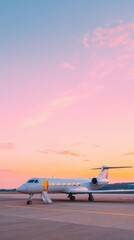White private jet parked with stairway down on airstrip under vibrant pink and blue dusk sky after sunset.