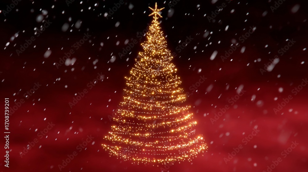 Poster christmas tree with lights on it is shown in a red background. the tree is lit up and the snow is fa