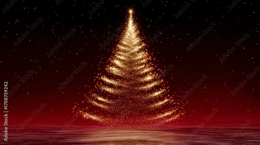 Poster christmas tree with a star on top is lit up in a red background. the tree is surrounded by a lot of 