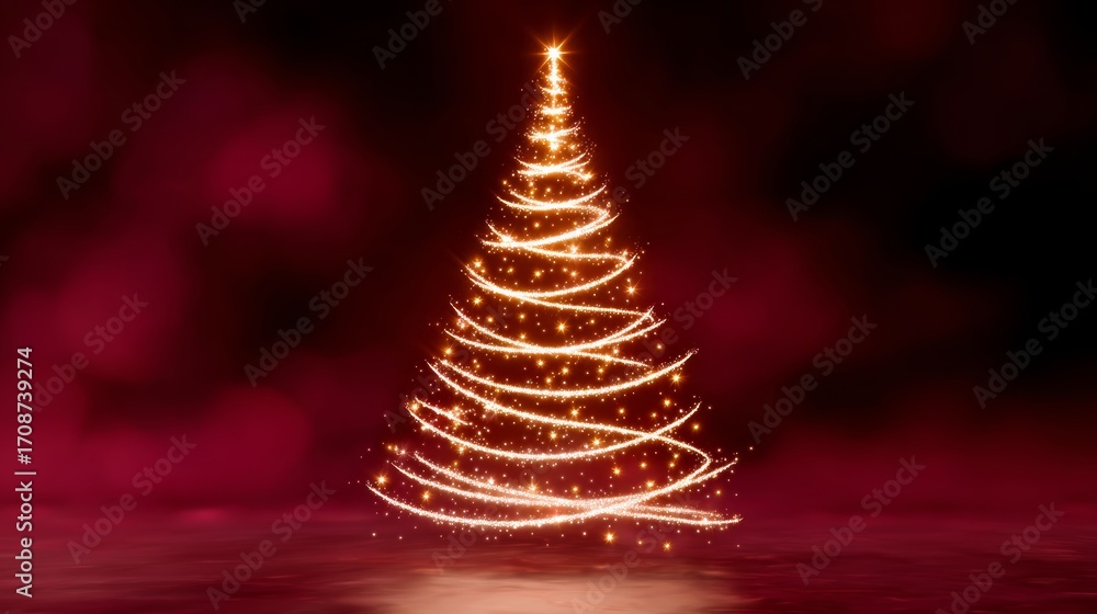 Poster Christmas tree with a golden star on top. The tree is lit up and surrounded by a red background