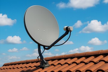 satellite dish mounted on tiled rooftop against blue sky