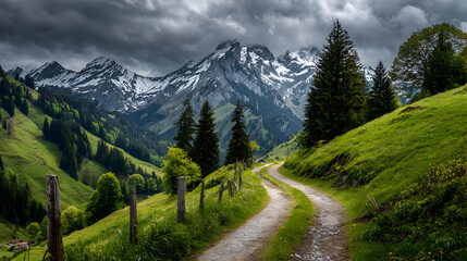 Obraz premium Winding dirt path through lush green alpine meadows leads to majestic snow-capped mountains under dramatic stormy skies