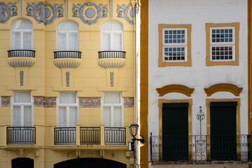 Close-up of traditional apartment building facades in Elvas in Portugal