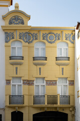 Close-up of traditional apartment building facades in Elvas in Portugal