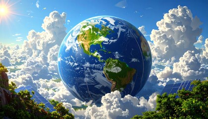 Earth surrounded by clouds and solar panels