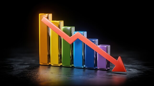 Colorful bar chart with a downward red arrow indicating a decline or decrease in market performance, finance, or sales on a dark background