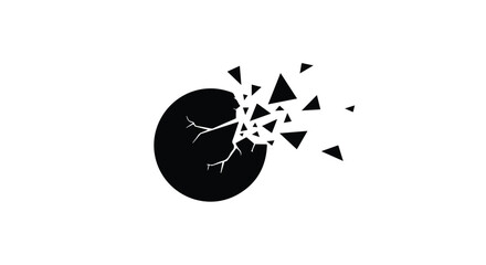 Abstract black circle fragmenting into geometric shapes, representing destruction or change.