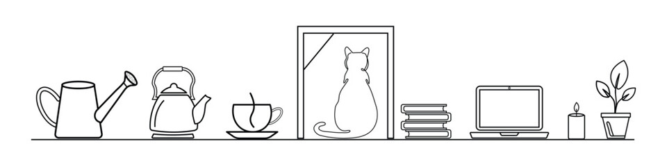 continuous one line drawing of vector watering can kettle cup window cat books laptop candle plant black and white sketch interior wall art printable design illustration
