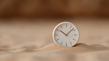 Time in the Sand: A white analog clock rests on soft, light brown sand. The clock face has black hands and markings, and a golden center.