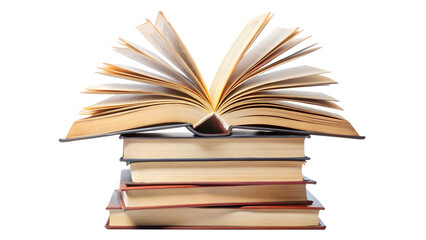 Fototapeta premium Stack of old books with open book on top isolated on transparent background, perfect for illustrating education, knowledge, or literary themes