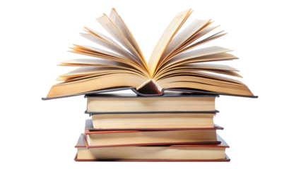 Stack of old books with open book on top isolated on transparent background, perfect for illustrating education, knowledge, or literary themes