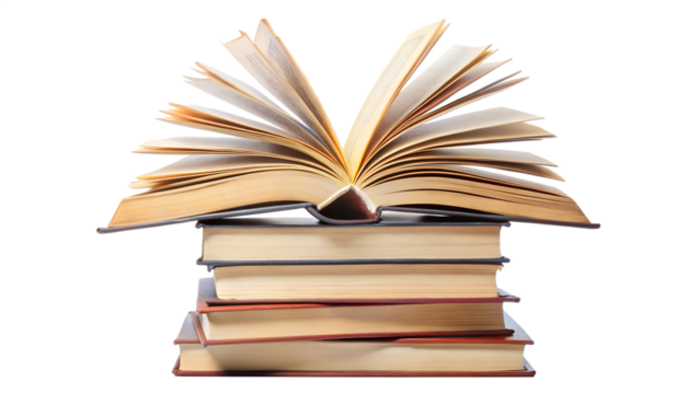 Stack of old books with open book on top isolated on transparent background, perfect for illustrating education, knowledge, or literary themes