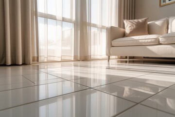 Fototapeta premium Bright Modern Living Room Interior with Shiny Tile Floor and Sofa