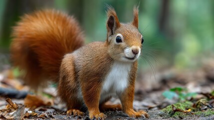 Eurasian Red Squirrel Standing on Forest Floor Perfect for NatureFocused Projects, Boosts Tranquility and Inspires Creativity.