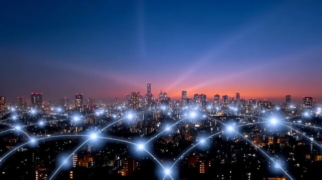 City skyline at night with a network of lights connecting the buildings. Scene is one of connectivity and modernity - Powered by Adobe