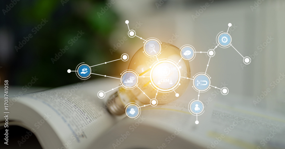 Poster innovative concept of connecting ideas through lightbulb with digital icons representing technology,