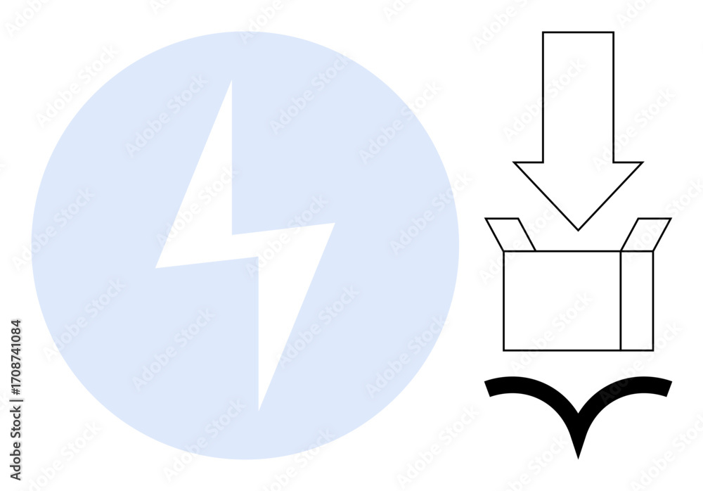 Aufkleber lightning bolt inside blue circle, downward arrow pointing to open box, curve shape beneath. ideal f