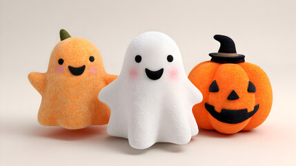 Obraz premium Adorable trio of fluffy Halloween characters, a white ghost and two cheerful pumpkins, ready for spooky season fun and festive decorations.