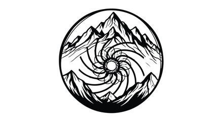 Mysterious vortex of light amidst rugged mountain peaks in a circular emblem
