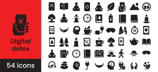 Digital detox icon set for mindfulness, wellness, and health; unplug and relax with meditation for mental wellbeing. This collection includes symbols for nature, reading, and disconnecting 