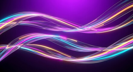 Abstract swirling neon light trails on purple background