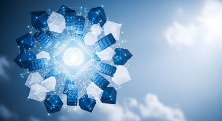 Futuristic digital brain representing artificial intelligence and cloud computing technology with a decentralized network of data blocks