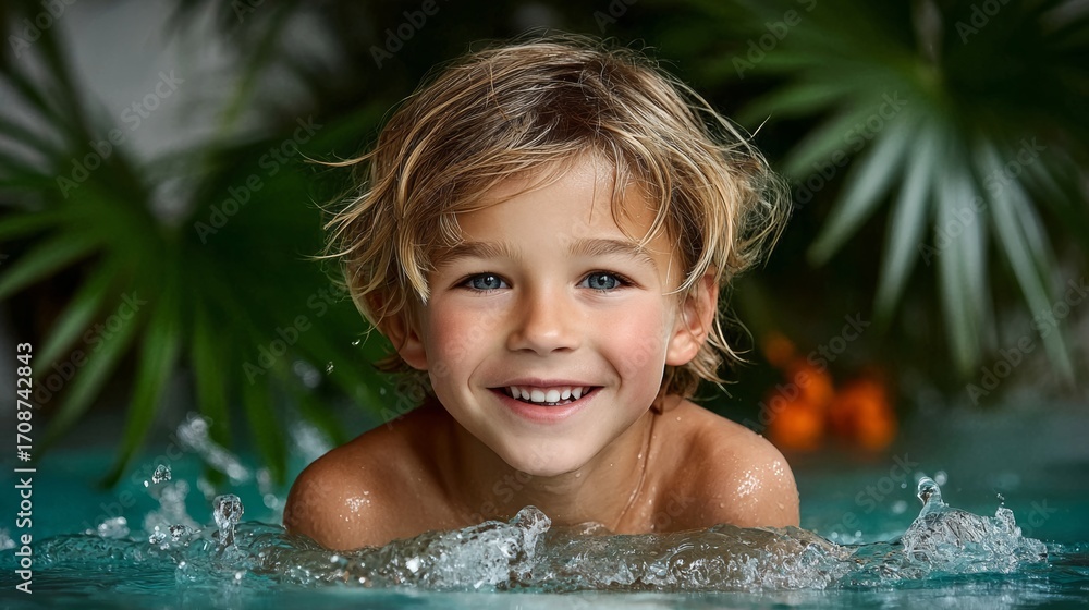 Poster young boy is smiling and splashing in a pool. concept of joy and playfulness, as the child enjoys hi