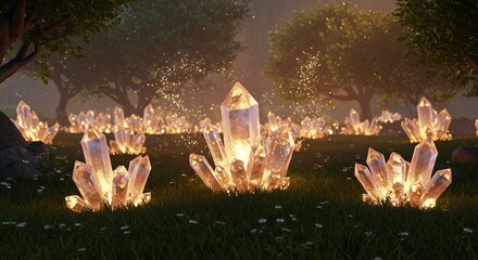 Crystal clusters in a field at night