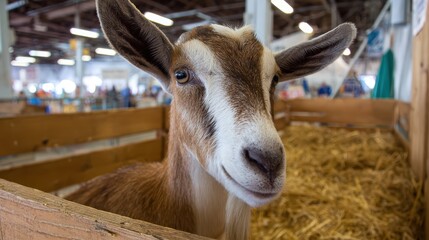 Breezy Barnyard Moment Curious Goat Gazing at Camera in Rustic Setting, Ideal for Authentic Branding and Heartwarming Content.