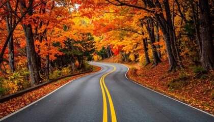 Obraz premium A scenic winding road through a vibrant fall forest, an ideal autumn journey background with ample copy space for text