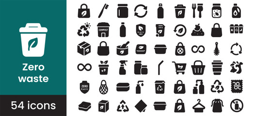 Zero waste and eco lifestyle icon set for a sustainable and green environment, featuring reusable, plastic-free, and recycle symbols for conscious consumption and an earth-friendly life.

