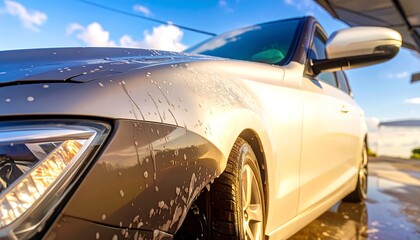 Car front with soapsuds, shot from a low angle during a wash, with bright blue sky