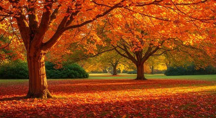 Fototapeta premium Vibrant autumn park with trees and fallen leaves