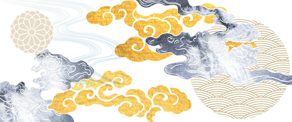 Hand drawn cloud with grey  Japanese cloud pattern vector. Oriental decoration with logo design, flyer, banner or presentation in vintage style. Watercolor texture. © ferdi