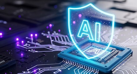 Ai shield on a computer chip with glowing circuit board