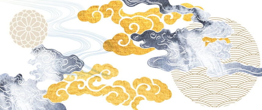 Hand drawn cloud with grey  Japanese cloud pattern vector. Oriental decoration with logo design, flyer, banner or presentation in vintage style. Watercolor texture.
