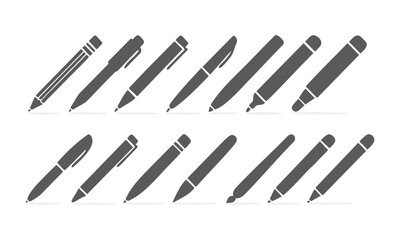 Writing Instruments Silhouette Icon Set Pens, Pencils, Markers Flat Vector illustration, easily editable and scalable.