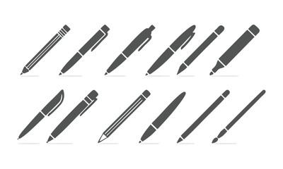 Writing Instruments Silhouette Icon Set Pens, Pencils, Markers Flat Vector illustration, easily editable and scalable.