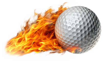 A golf ball on fire, isolated on transparent background, hurtling through the air with flames trailing behind it, symbolizing speed and intensity