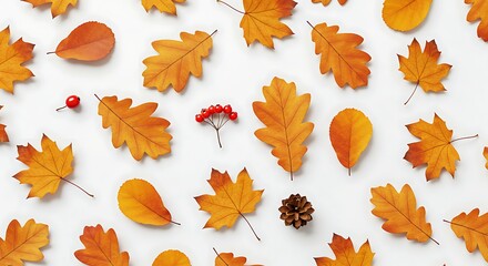 Autumn leaves and berries scattered on white background