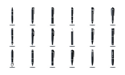 Writing Instruments Silhouette Icon Set Pens, Pencils, Markers Flat Vector illustration, easily editable and scalable.