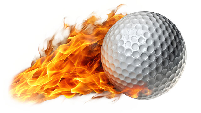 A golf ball on fire, isolated on transparent background, hurtling through the air with flames trailing behind it, symbolizing speed and intensity