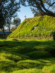 Green roof of traditional turf church in Hof, Iceland